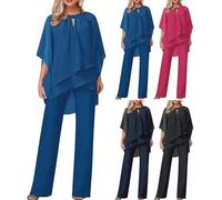 Women's Trouser Suits, Elegant Wedding Guest Pants Suit 2 Piece Chiffon Formal Outfit Prom Evening Two Piece Trouser Suit Plus Size Mother of The Bride Outfits Cocktail Party Festive Blue