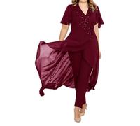 Womens Trouser Suits for Wedding Guest 2 Pieces Chiffon Burgundy Mother of The Groom Dresses Plus Size with Jacket 24