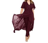 Womens Trouser Suits for Wedding Guest 2 Pieces Chiffon Dark Burgundy Mother of The Groom Dresses Plus Size with Jacket 24