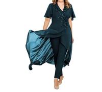 Womens Trouser Suits for Wedding Guest 2 Pieces Chiffon Teal Mother of The Groom Dresses Plus Size with Jacket 24