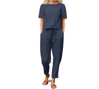 Women's Trouser Suits Linen Two-Piece Set Clearance Round Neck Outfits Short Sleeve Solid Tops and High Elastic Waist Straight Trousers Cotton Linen Plus Size Sets Summer Lounge Homewear Sets