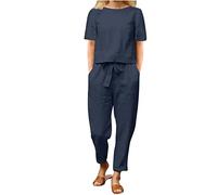 Women's Trouser Suits Linen Two-Piece Set UK Clearance Round Neck Outfits Short Sleeve Solid Tops and High Elastic Waist Straight Trousers Linen Plus Size Sets Summer Lounge Homewear Sets S-5XL