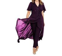Womens Trouser Suits Plus Size Grape Chiffon Womens Suit 2 Pieces Evening Trouser Suits for Women UK 20