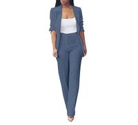 Women's Trouser Suits Plus Size Ladies 2 Piece Outfits Elegant Blazer Outfit Set Casual Button Dressy Formal Jacket and Elasticated Waist Trousers with Pockets for Business Work Office Light Blue