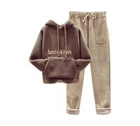 Womens Trouser Suits Plus Size Women's Thickened Long Sleeve Sweatshirt and Woolen Embroidered Wide Leg Pants Two Piece Set (Coffee M)