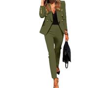Women's Trouser Suits Sale Clearance, Two Piece Suit Set Petite UK, Ladies Suit Blazer Jacket + High Waist Trousers Pants, Double Breasted Notch Lapel Elegant Women's Business Office Sets Army Green