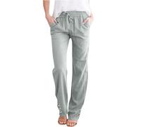 Womens Trousers Casual Cotton Linen Pants Summer Drawstring Elastic Waist Pants with Pockets Lightweight Comfy Straight Trousers Lightweight Full Length Ladies Casual Sports Plus Size Bottoms Pants