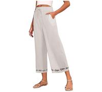 Women's Trousers Cotton Linen Casual Pants Elasticated Waist Trouser Summer Lightweight Comfy Straight Loose Bottoms Fashionable Embroidered Loose Ninth Pants Beige