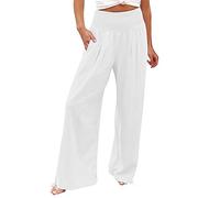 Women's Trousers Elasticated Waist Casual Cotton Linen Pants Regular Summer Drawstring Lounge Pants Lightweight Comfy Straight Loose Trousers Wide Leg Sports Running Trackpants Side Pocket White