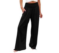 Women's Trousers Elasticated Waist Casual Cotton Linen Pants Regular Summer Drawstring Lounge Pants Lightweight Comfy Straight Loose Trousers Wide Leg Sports Running Trackpants Side Pocket Black