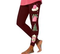 Women's Trousers Hat Gift Box Christmas Tree Milk Tea Cup Printed Elastic Long Leggings and Leggings Running Leggings for Women (Wine, L)