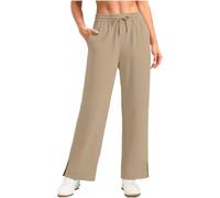 Womens Trousers High Waisted Drawstring Solid Color Pant with Pockets Elasticated Waist Lounge Casual Side Slit Pants Lightweight Comfy UPF 50+ UV Protection Trousers Loose Fit Straight Leg Bottoms