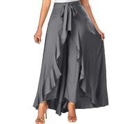 Women's Trousers Stylish Tie Waist Irregular Ruffle Hem Culottes Split Long Skirts Elegant Flowy Wide Leg Palazzo Trouser for Summer Casual Work Wear My Orders Sale Clearance Trending Gray