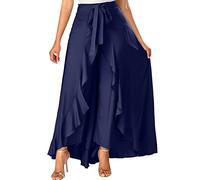 Women's Trousers Stylish Tie Waist Irregular Ruffle Hem Culottes Split Long Skirts Elegant Flowy Wide Leg Palazzo Trouser for Summer Casual Work Wear My Orders Sale Clearance Trending Navy