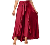Women's Trousers Stylish Tie Waist Irregular Ruffle Hem Culottes Split Long Skirts Elegant Flowy Wide Leg Palazzo Trouser for Summer Casual Work Wear My Orders Sale Clearance Trending Red