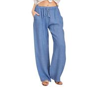 Womens Trousers Summer Casual Linen Trousers Drawstring Elastic Waist Long Pants Women Straight Wide Leg Lounge Pants High Waisted Palazzo Loose Fit Ladies Bottoms A XL