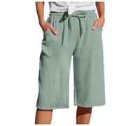 Womens Trousers Summer Wide Leg Capri Pants Casual Cotton Linen Elastic Waistband with Pockets Lightweight Cropped Trousers Loose Lightweight Stretch Jogging Bottoms Comfy Harem Baggy Pants
