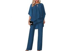 Women's Trousers Two Piece Fashion Trend Chiffon Shirt and Pants Suits Elegant Retro Flowing Dinner Suits Cocktail Wedding Guest Suits (Blue,3XL)