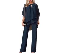 Women's Trousers Two Piece Fashion Trend Chiffon Shirt and Pants Suits Elegant Retro Flowing Dinner Suits Cocktail Wedding Guest Suits (Navy Blue,XXL)