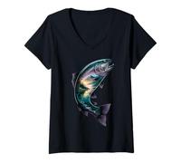 Womens Trout Fishing Abstract Colorful Outdoor Forest Fish Graphic V-Neck T-Shirt
