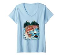 Womens Trout, Fly Fishing, Mountain Stream, Angler, Leaping Fish V-Neck T-Shirt