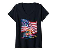 Womens Trucker American Flag Big Rig Semi-Trailer Truck Driver V-Neck T-Shirt
