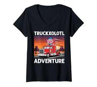 Womens Trucker Dad Cute Axolotl Truck Driver Semi-Truck Pun V-Neck T-Shirt