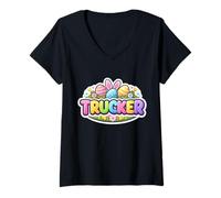 Women's Trucker Happy Easter Truck Driver Bunny Eggs Ears Festive V-Neck T-Shirt