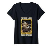 Women's True Crime Chill Skeleton Couch Division True Crime Addict V-Neck T-Shirt