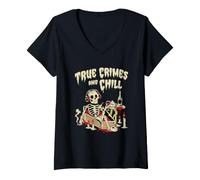 Women's True Crimes and Chill Skeleton Podcast Listener V-Neck T-Shirt