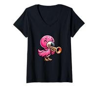 Womens Trumpet Flamingo Play Joyful Melody V-Neck T-Shirt
