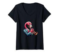 Womens Trumpet Flamingo Serenade Alluring Symphony V-Neck T-Shirt