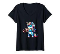 Womens Trumpet Playing Unicorn Fantasy Magic Music V-Neck T-Shirt