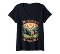 Women's Trust God's Timing Hunter Jesus Bible Christian Deer Hunting V-Neck T-Shirt