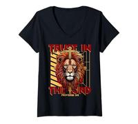 Womens Trust in The Lord, Lion and Cross V-Neck T-Shirt