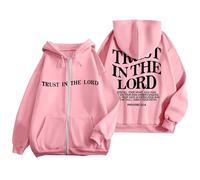 Womens Trust In The Lord Zip Up Christian Hoodies 2025 Drawstring Western with Hood Pullover Hoodies Loose Fit Jesus Fleece Lined Graphic Jackets Comfort Cool Lightweight Cute Plain Pink