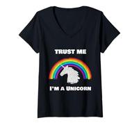 Womens Trust Me I'm A Unicorn with Rainbow Background V-Neck T-Shirt