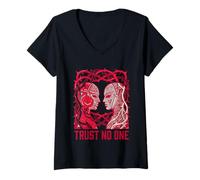 Women's Trust No One Traitor Mask Hidden Dagger Linocut V-Neck T-Shirt