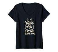 Womens Try Me I Dare You Cool Confident Wolf Graphic V-Neck T-Shirt