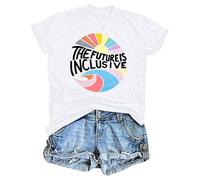 Womens Tshirt,Shirts Women Rainbow Tee Shirt The Future Is Inclusive Letter Print Short Sleeve Casual Tops