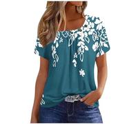 Womens Tshirts Ethnic Floral Print Tops Vintage Short Sleeve Button Neck T Shirts Ladies Plus Size Summer Pleated Tees Shirt Casual Loose Tunic Tops Basic Office Work Blouse