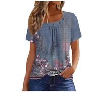 Womens Tshirts Ethnic Floral Print Tops Vintage Short Sleeve Button Neck T Shirts Ladies Plus Size Summer Pleated Tees Shirt Casual Loose Tunic Tops Basic Office Work Blouse