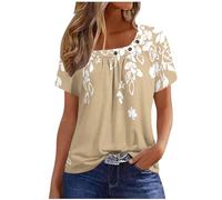 Womens Tshirts Ethnic Floral Print Tops Vintage Short Sleeve Button Neck T Shirts Ladies Plus Size Summer Pleated Tees Shirt Casual Loose Tunic Tops Basic Office Work Blouse