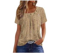 Womens Tshirts Ethnic Floral Print Tops Vintage Short Sleeve Button Neck T Shirts Ladies Plus Size Summer Pleated Tees Shirt Casual Loose Tunic Tops Basic Office Work Blouse