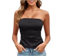 Womens Tube Tops Summer Strapless Bandeau Tanks Casual Silk Satin Sleeveless Vest Breathable Plain Off Shoulder Shirts Aesthetic Clothes Summer Outfit Going Out Backless Tunic Tops Streetwear Black