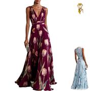 Women's Tulip Print Chiffon V Neck Sleeveless Maxi Dress,Elegant Floral Flowy Party Wedding Evening Dress,Tulip Beach Dresses (UK, Alpha, L, Regular, Regular, Burgundy)