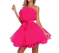 Women's Tulle Dress Short Puffy Prom Dresses Off Shoulder Strapless Bandeau Sheer Wedding Ruffle Mesh Party Mini Dress(Hot Pink,Large)