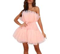 Women's Tulle Dress Short Puffy Prom Dresses Off Shoulder Strapless Bandeau Sheer Wedding Ruffle Mesh Party Mini Dress(Pink,Medium)