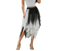 Women's Tulle Fairy Skirt Contrast Color High Low Asymmetrical Midi Length Elastic Waist Tutu Layered Puffy Dress (黑白, S)