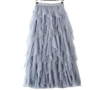 Women's Tulle Layered Tutu Prom Party Pleated A-line Midi High Waisted Skirt (UK, Alpha, S, M, Regular, Regular, Gray)